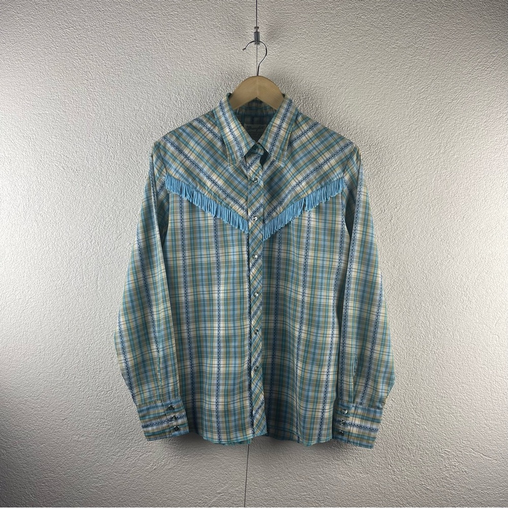 Vintage l 80s L Wrangler Western Cowgirl Pinup Plaid Fringe Pearl Snap Shirt